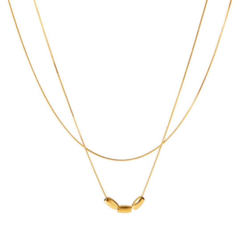 Gold double-layer necklace with three metal beads - Image 3