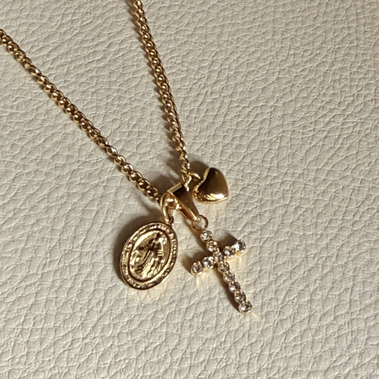 Necklace with cross, medal & heart charms - Image 2