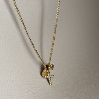 Necklace with cross, medal & heart charms