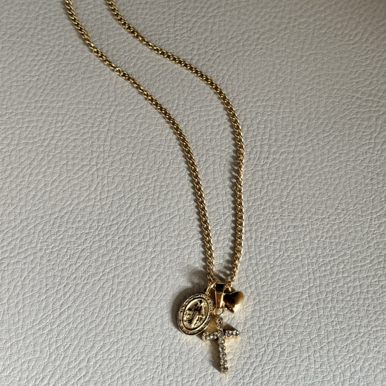 Necklace with cross, medal & heart charms - Image 3
